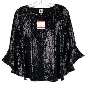 NWTs Anne Klein Womens Sequin Bell Sleeve Top Black w/ Black Sequins Size XS